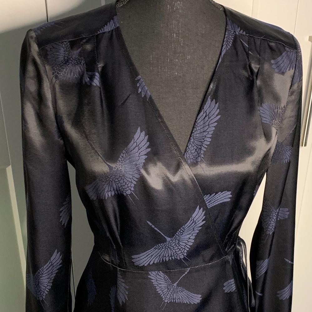 Shiny Navy Bird Wrap Dress